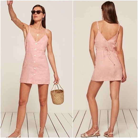 REFORMATION 90s Pale Pink Linen Sleeveless V-Neck Button Front Mini Slip Dress L - Picture 3 of 8